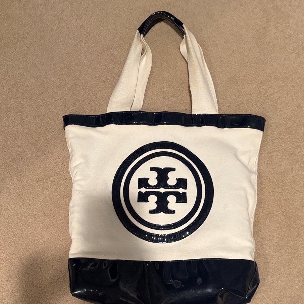 Tory Burch Cream and Navy Logo Tote